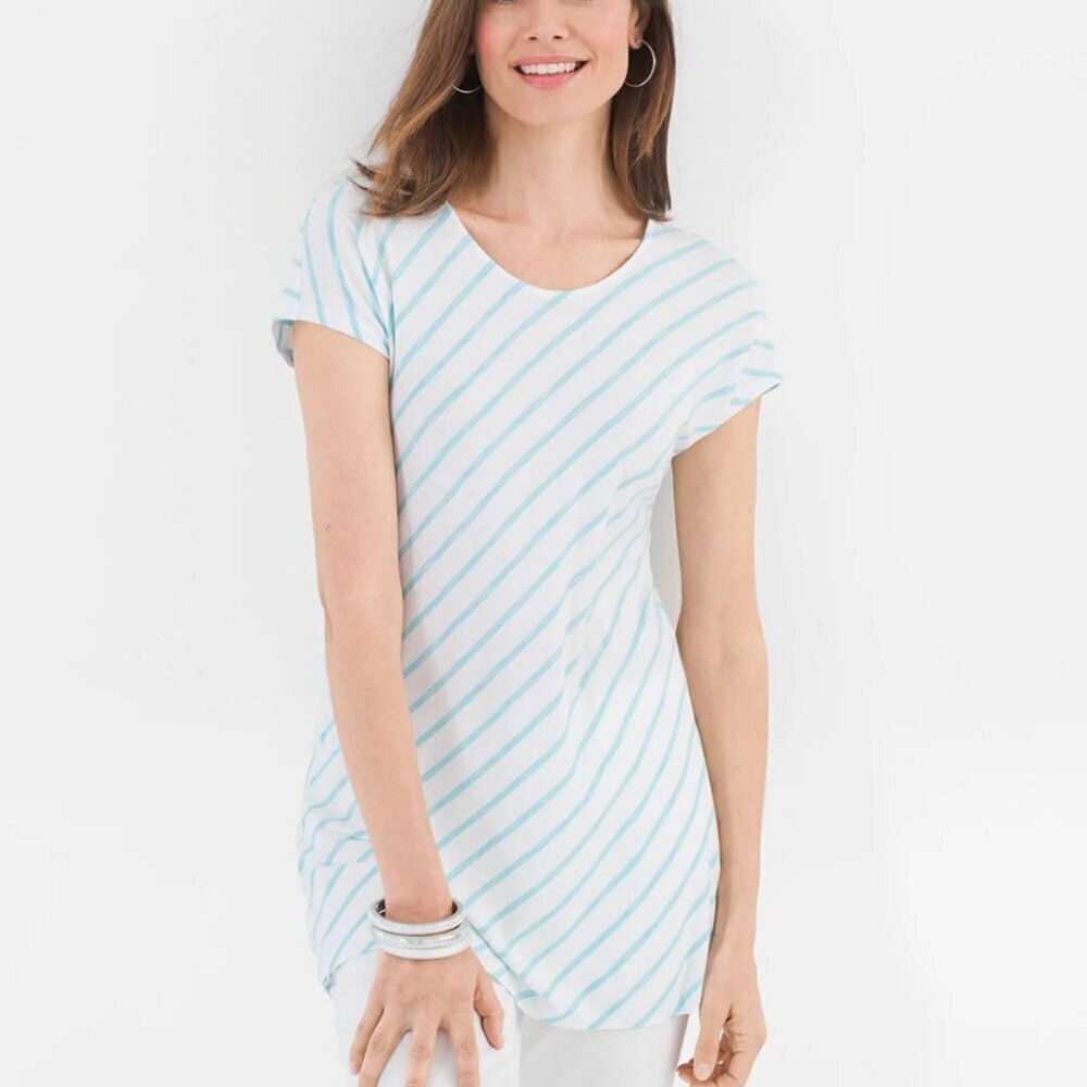 Chico's Size XXL 20 22 4 Striped Cross-Back Slub Tee Top Blue White Casual